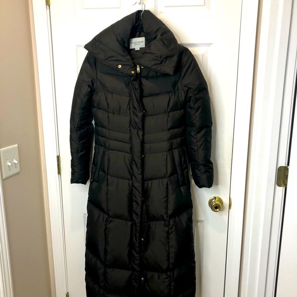 Cole Haan Signature full maxi length brown puffer coat, size extra small
